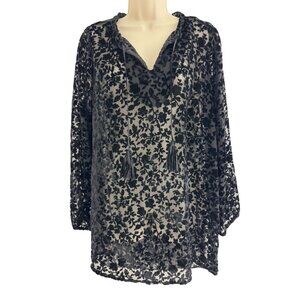 Roaman's Black Velvet Burnout Sheer Tunic Top Hi-Lo Tassel Size 16W Blouse Shirt
